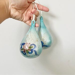 Set of 2 Vintage Teardrop Glass Hand painted Teal Ornaments w Bird and Flowers
